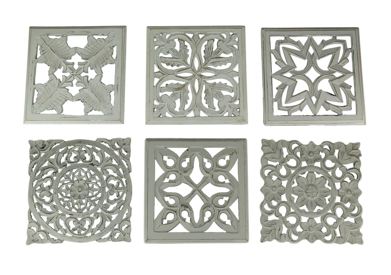 White Distressed Wood Decorative Scrollwork Wall Sculptures Set of 6